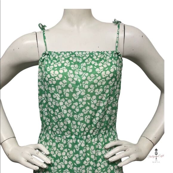 VINTAGE Handmade 70s 80s OOAK Green Polyester Floral SpaghettiStrap Jumpsuit S M - Picture 3 of 16